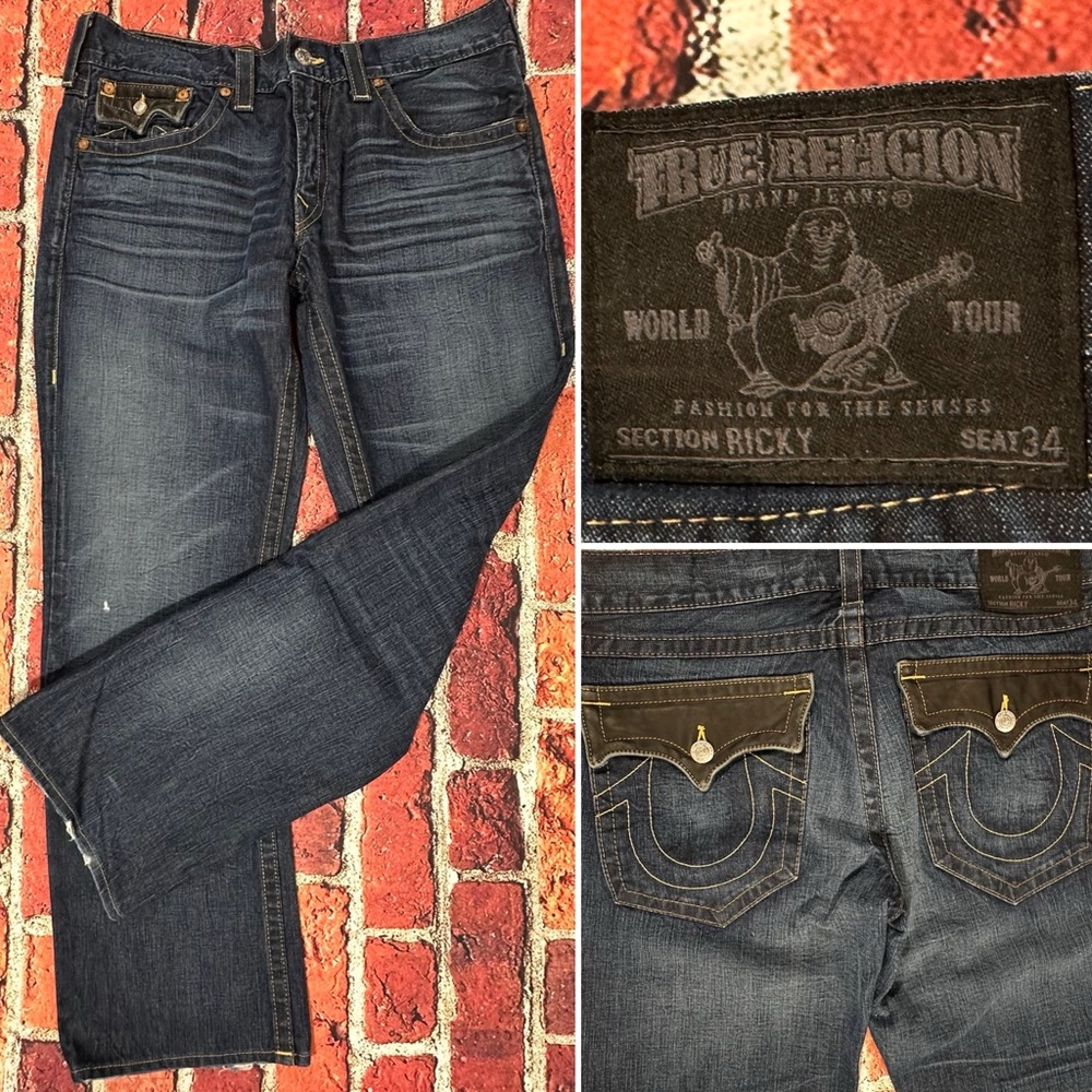 TRUE RELIGION BLUE JEANS VINTAGE DENIM 36x34 (Measures 36x33) WORLD TOUR RICKY